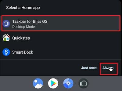 BlissOS15のHome app選択画面。Taskbarを選択