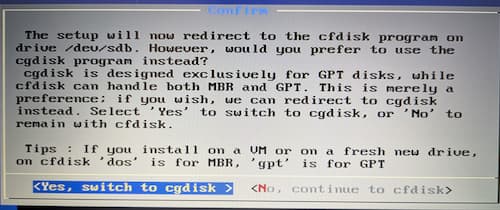 BlissOSインストール画面４　cfdiskかcgdiskの選択