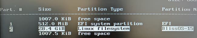 BlissOSインストール画面１５　パーティション作成１２