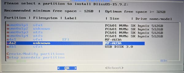 BlissOSインストール画面１９　ルートパーティションへのインストール１