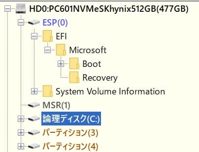 WindowsのEFIパーティションのデフォルトの状態